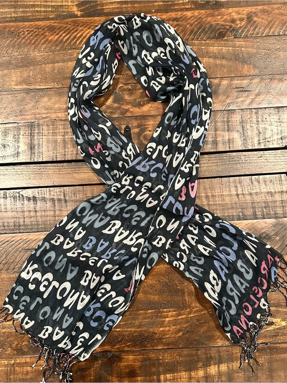 Black Script-Print Lightweight Scarf with Multicolor Accents